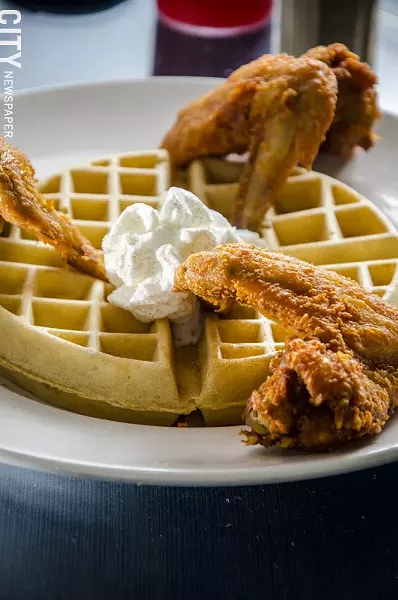 Fried chicken and waffles from The Arnett Cafe. - PHOTO BY MARK CHAMBERLIN