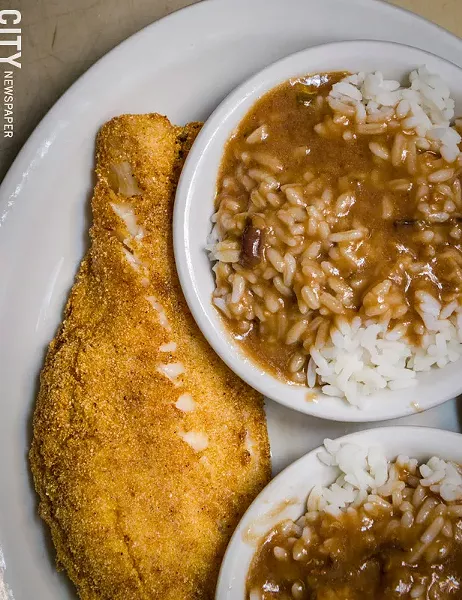 Fried haddock, rice, and pork gravy from Unkl Moe's - PHOTO BY MARK CHAMBERLIN