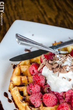 Ghirardelli Chocolate Raspberry Waffles from Corn Hill Landing's Harvest Cafe. - PHOTO BY MARK CHAMBERLIN