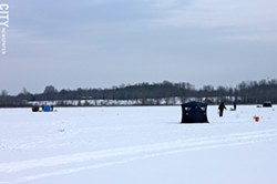 Ice fishermen shanties at Mendon Ponds Park. - PHOTO BY KATHY LALUK
