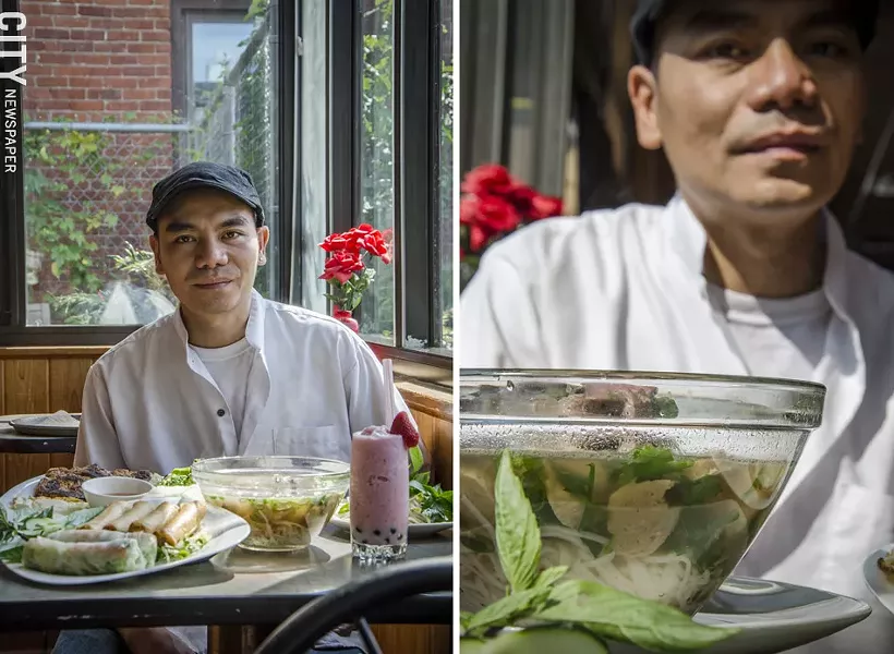 Jake Pham with pho, egg rolls, and a strawberry boba smoothie at Whatta-Cuisine. Pham came to Rochester from Vietnam when he was 8 years old. - PHOTO BY MARK CHAMBERLIN