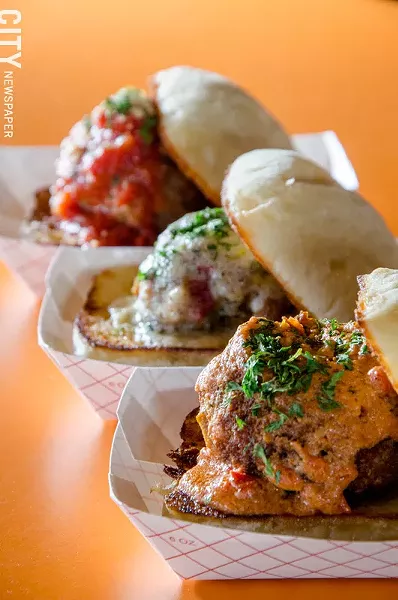 Skylark Lounge meatball "sliders" on ciabatta rolls. - PHOTO BY MARK CHAMBERLIN