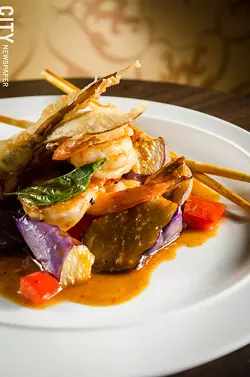 Takrai shrimp with Japanese eggplant, and spicy lemon grass sauce from Papaya. - PHOTO BY MARK CHAMBERLIN