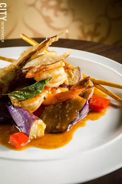 Takrai shrimp with Japanese eggplant, and spicy lemon grass sauce from Papaya. - PHOTO BY MARK CHAMBERLIN