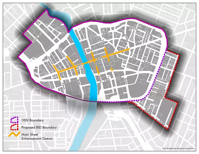 This map shows the proposed business district (in red), along with the current areas covered by the Main Street Enhancement District (in yellow) and Downtown Special Services (in purple). - PROVIDED IMAGE