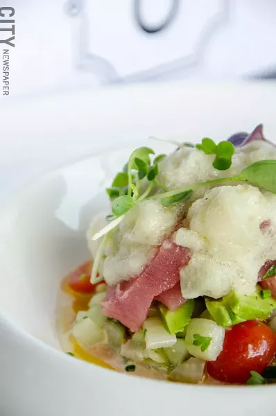 Tuna crudo with tomatoes, cucumber, fennel, and horseradish from Avvino. - PHOTO BY MARK CHAMBERLIN