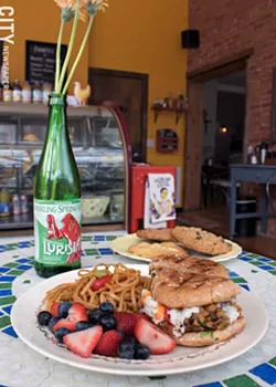 The chickpea and eggplant patty with sesame noodles and fruit salad. Lemon, chocolate macadamia nut, and oatmeal raisin cookies complete the meal. - PHOTO BY RENÉE HEININGER