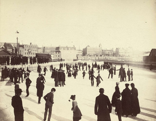 19th century Rochester residents enjoying the popular Aqueduct Skating Rink. The view is to the east looking towards South Avenue. - FROM THE COLLECTION OF THE LOCAL HISTORY & GENEALOGY DIVISION, ROCHESTER PUBLIC LIBRARY