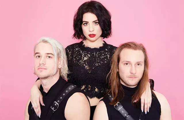 KOPPS (left to right) — bassist Kyle O'Hara, vocalist-percussionist Patricia Patrón, and guitarist Travis Johansen — presents glossy pop music and videos that are loaded with irony. - PHOTO BY HENRY EELMAN