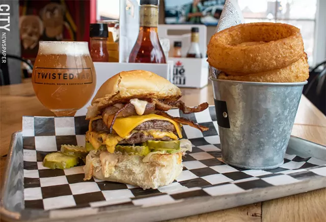 The Statler burger with onion rings and a brewski. - PHOTO BY JACOB WALSH