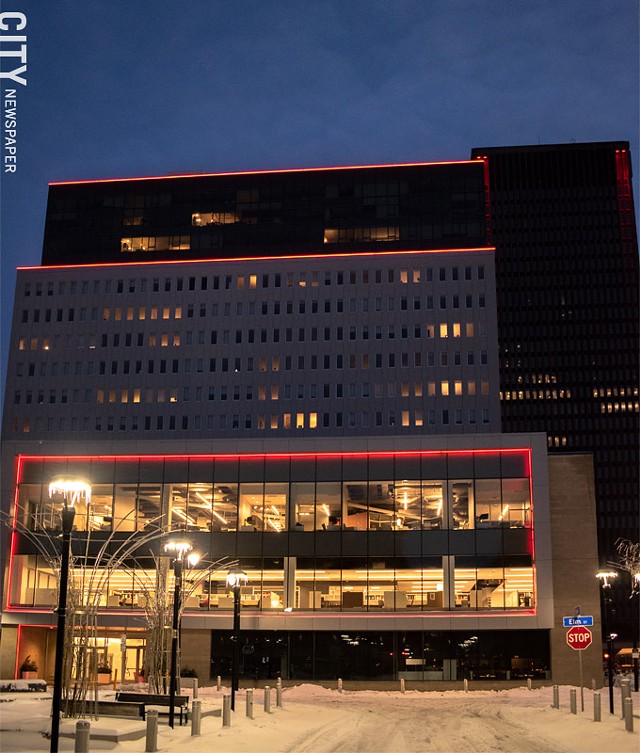 Tower 280 was lit up in red in honor of Susan B. Anthony's birthday. - PHOTO BY RYAN WILLIAMSON