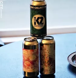 Bottom left: Triple Mosaic Daydream by Other Half , bottom right: Cherry Crumble Sundae IPA by Fifth Frame, and on top is a Double Dry Hop Galaxy IPA by K2 Brothers - PHOTO BY GINO FANELLI