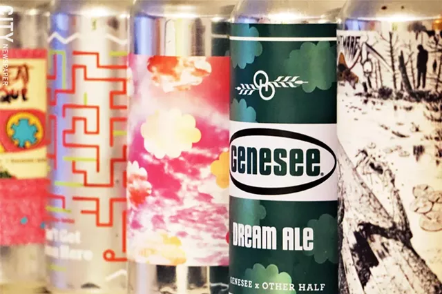 Left to right: Don't Sweat the Technique by Barrier Brewing and Other Half, You Can't There From Here by Burlington Beer Co., Triple Mosaic Daydream by Other Half, Dream Ale by Genesee and Other Half, Scaphism by Nightmare Brewing Company. Not all of these are IPAs. - PHOTO BY GINO FANELLI