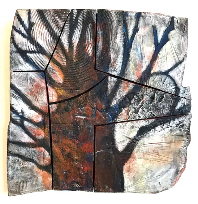 "Mendon Monument," a work in ceramic and encaustic by Nancy Valle. - PHOTO BY BRADLEY BUTLER