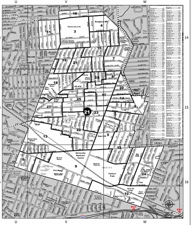 A map of the 21st Legislative District. The district contains 27 election districts. - MAP PROVIDED BY MONROE COUNTY BOARD OF ELECTIONS