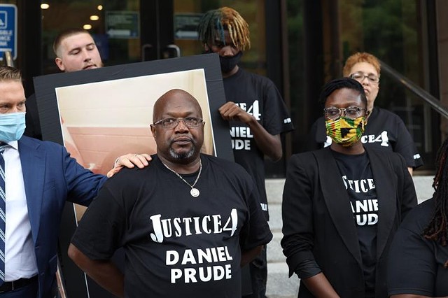Daniel Prude's brother, Joe Prude, outside City Hall on Wednesday, Sept. 2, 2020, to announce plans to sue the city over Prude's death. - PHOTO BY MAX SCHULTE