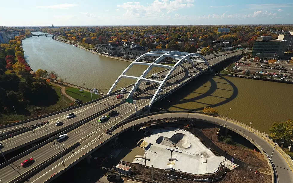 Overhead view of the new Roc City Skatepark beneath the Frederick Douglass-Susan B. Anthony Bridge. - PHOTO BY MAX SCHULTE
