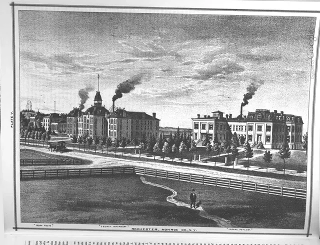 the Monroe County Almshouse, Insane Asylum, and Penitentiary as depicted in "History of Monroe County, New York, with Illustrations Descriptive of Its Scenery, Palatial Residences, Public Buildings, Fine Blocks, and Important Manufacturies, from Original Sketches by Artists of the Highest Ability" by W.H. McIntosh.