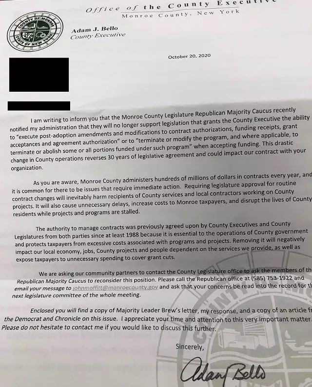 An Oct. 20 letter from Monroe County Executive Adam Bello warned that some county contracts could be affected by a move by county legislators to curtail his authority.