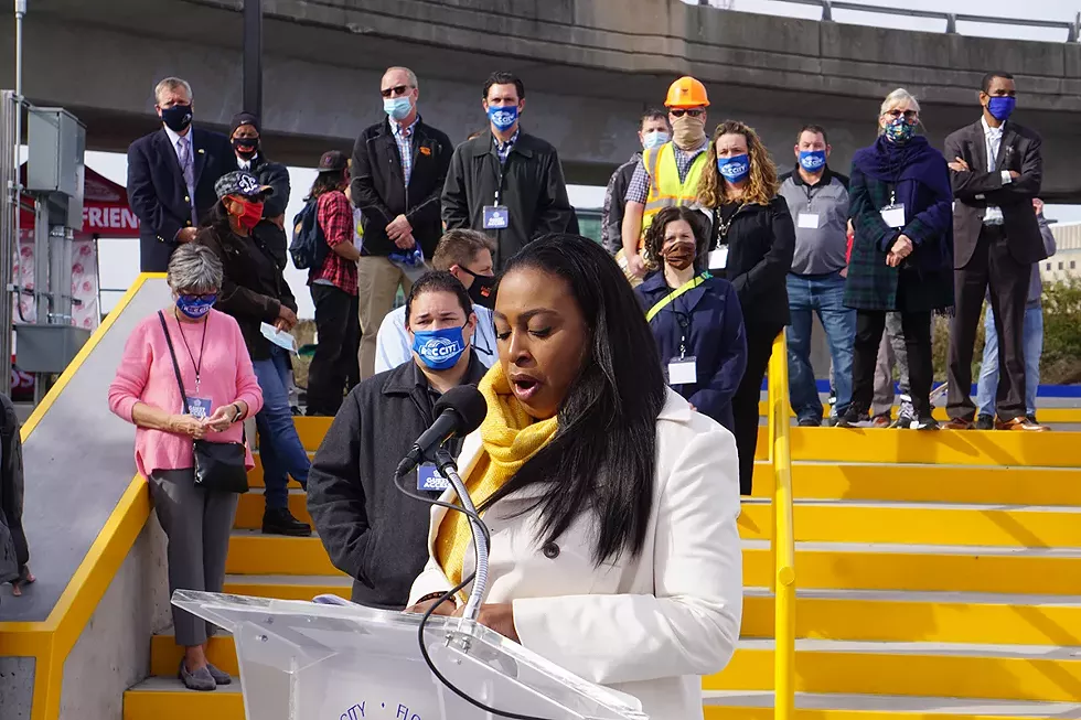 Mayor Lovely Warren, speaking at the ribbon-cutting of the Roc City Skatepark on Thursday, Nov. 5. - PHOTO BY GINO FANELLI