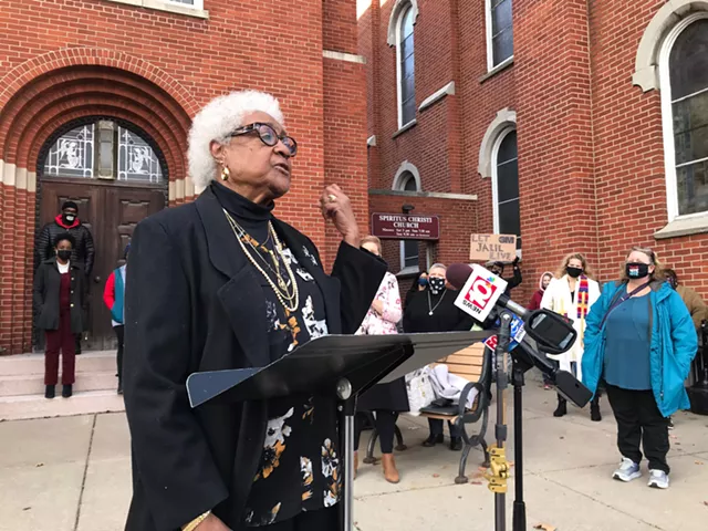 Billie Bottom Brown, 85, the mother of Jalil Abdul Muntaqim, aka Anthony Bottom, speaks outside of Spiritus Christi Church on behalf of her son on Nov. 12, 2020. - PHOTO BY DAVID ANDREATTA