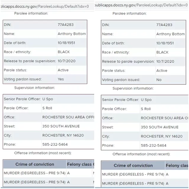 Screenshots of the state Department of Corrections and Community Supervision's "Parolee Lookup" page for Jalil Muntaqim, aka Anthony Bottom. The shot on the left was taken Nov. 23 and shows that his voting rights have been restored. On Nov. 24, right, the agency modified his voting rights status.
