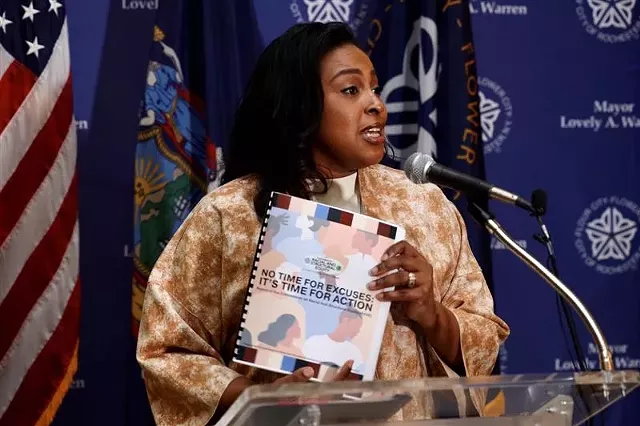 Mayor Lovely Warren talks about plans to explore the possibility of using projected marijuana tax revenue to pay reparations to the city's Black and brown residents on Friday, March 26, 2021. - PHOTO BY MAX SCHULTE