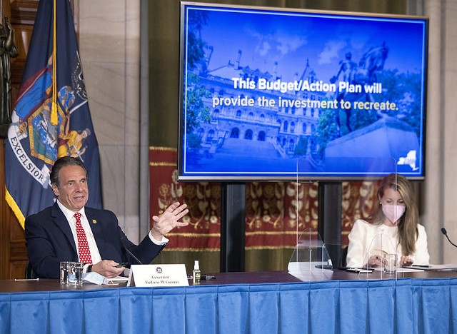 Governor Cuomo commented on the state budget Wednesday. His chief of staff, Melissa DeRosa, is to the right. - PHOTO PROVIDED BY GOV. ANDREW CUOMO'S OFFICE