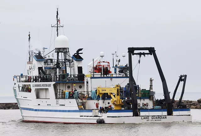 The Lake Guardian hits Lake Michigan first in early April, then heads east to Huron and Erie before visiting Ontario. Lake Superior, where the ship was headed from Rochester, is the last stop because the ice there tends to linger longer. - PHOTO BY MAX SCHULTE
