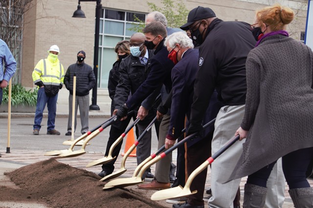City leaders break ground on a new green space at Parcel 5, dubbed Meet Me @ the Five. - PHOTO BY GINO FANELLI