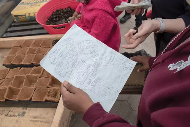 Taproot Collective board chair Leslie Knox reviews a sketched plan for plantings at First Market Farm. - PHOTO BY RYAN WILLIAMSON