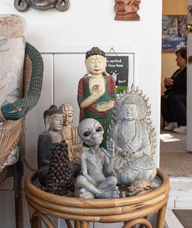 Alien and Buddhist figurines in Stringfellow's home. - PHOTO BY JACOB WALSJ
