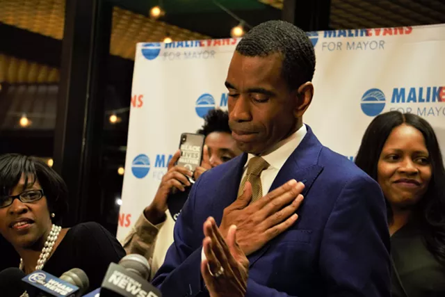 City Councilmember Malik Evans delivers a victory speech at his campaign headquarters on East Avenue after defeating Mayor Lovely Warren in the Democratic primary on June 22,2021. - PHOTO BY GINO FANELLI