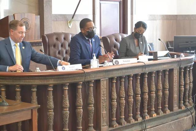 New York State Senators Samra Brouk (right), Zellnor Myrie (center) and Edward A. Rath III (left) of the select committee on elections listen to public comment at the Monroe County Office Building. - PHOTO BY JAMES BROWN / WXXI NEWS