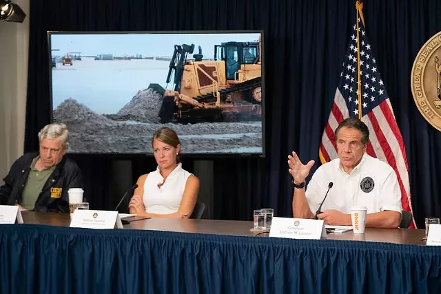 Gov. Andrew Cuomo gives a storm briefing on his next-to-last day in office on Aug. 22, 2021. His chief of staff, Melissa DeRosa is to his left. - PHOTO COURTESY GOV. ANDREW CUOMO'S OFFICE