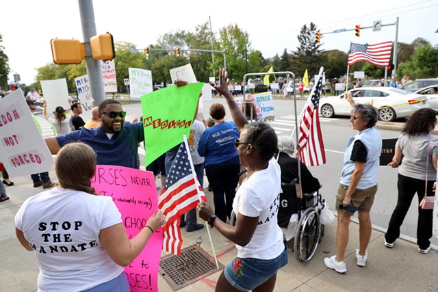 Hundreds of health care workers and their supporters demonstrated outside Strong Memorial Hospital on Monday, Sept. 13, 2021, in protest of a state vaccine mandate.