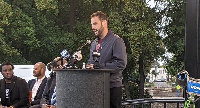 City Councilmember Mitch Gruber speaks at The International Plaza on North Clinton Ave. on September 15, 2021. - PHOTO BY DANIEL J. KUSHNER