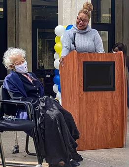 Dr. Alice Holloway Young, left, and Rochester City School District Superintendent Lesli Myers-Small appear at Wednesday's renaming of School 3 in Young's honor. - PHOTO BY RACQUEL STEPHEN / WXXI NEWS