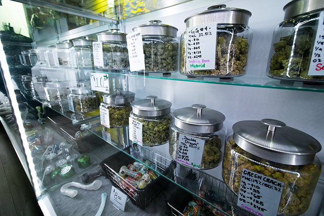 Cannabis flower for sale on a dispensary shelf. - FILE PHOTO