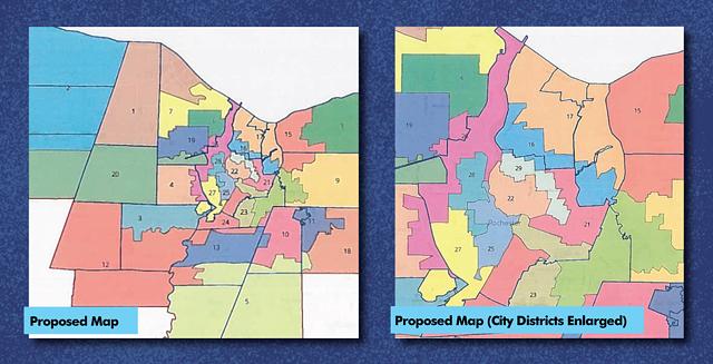 The Monroe County Legislature will soon vote on a proposed redistricting map. Shown is a countywide view of the proposed districts and a cut out of the proposed city districts. - GRAPHIC BY JACOB WALSH