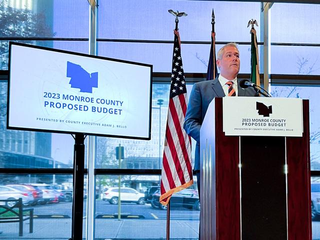 County Executive Adam Bello presented his 2023 budget proposal at the Rochester Educational Opportunity Center on Chestnut Street Thursday, Oct. 10. - PHOTO BY JEREMY MOULE