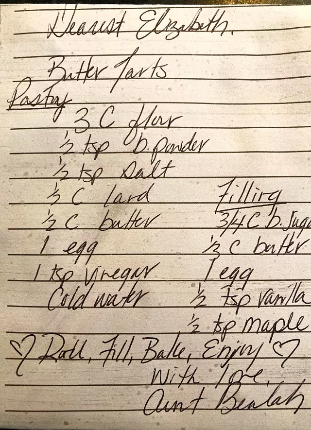 Beulah Brule hand-written directions for her butter tarts were simple: "Roll, fill, bake, enjoy." - PHOTO PROVIDED BY LIZZIE CLAPP