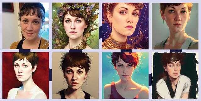 The real CITY writer Rebecca Rafferty (top left) and handful of portraits of her generated by the AI art app Lensa. - PHOTOS PROVIDED