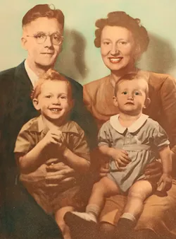 A colorized portrait of the Vick family — parents Robert and Dorothy, and Teddy, 3, and Paul, 1 — taken shortly before the fatal plane crash in January 1947. - PHOTO BY MAX SCHULTE