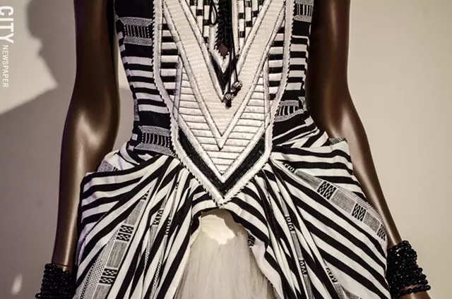 Detail of a 2005 Henry Jackson ballgown with West African textile and tulle. - PHOTO BY MARK CHAMBERLIN