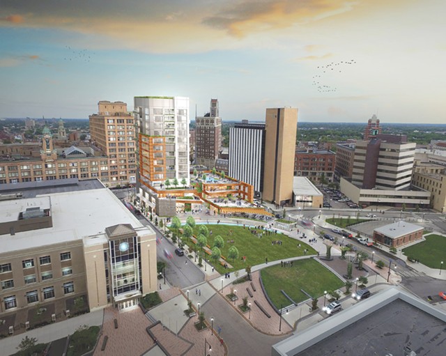 Gallina Development's plan for Parcel 5 includes a 14-story tower for condominiums and retail space and green space for public use. - PROVIDED IMAGE