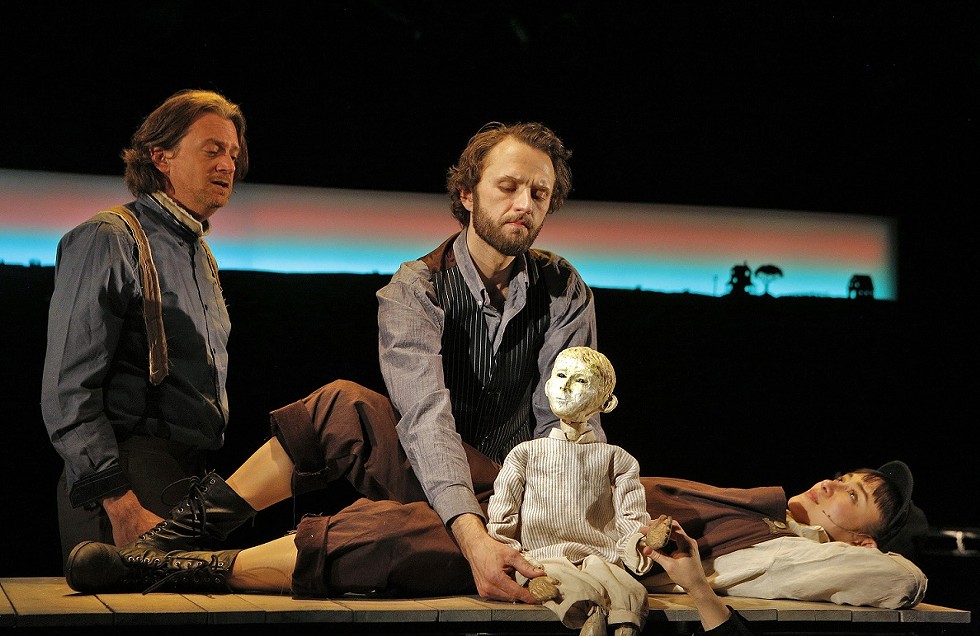 Josh Rice puppeteering in "The Scarlet Ibis" at HERE Arts Prototype Festival. - PHOTO BY CORY WEAVER