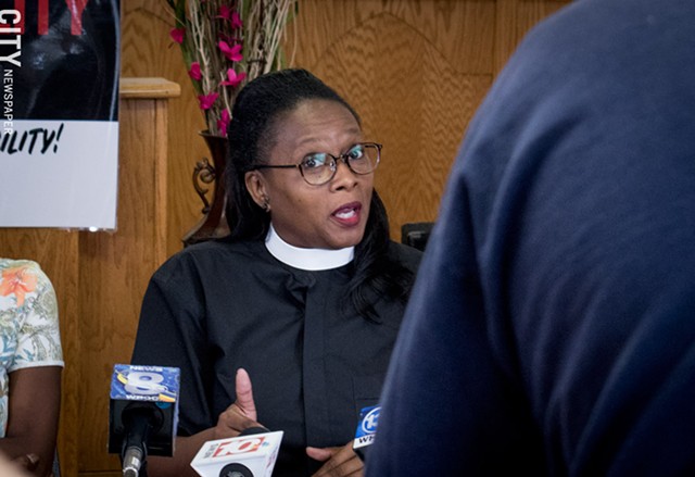 At a press conference today, Pastor Wanda Wilson and other members of the Police Accountability Board Alliance said draft police-oversight legislation doesn't go far enough. - PHOTO BY JACOB WALSH