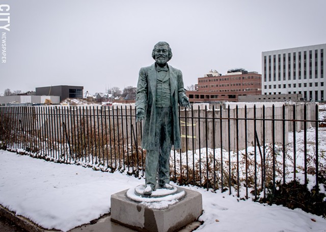 A statue of abolitionist Frederick Douglass that stood at the corner of Alexander and Tracy Streets was severely damaged this weekend during an apparent attempt to steal it. The statue is one of several fabricated by artist Olivia Kim and placed around the city on commemoration of the 200th anniversary of Douglass's birth. - PHOTO BY RYAN WILLIAMSON