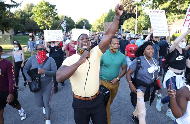 Black Lives Matter, clergy and politicians clash on Thursday, September 3 as Daniel Prude protests continue. Adrian Hale, center, takes the mic.